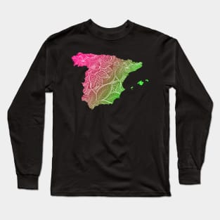 Colorful mandala art map of Spain with text in pink and green Long Sleeve T-Shirt